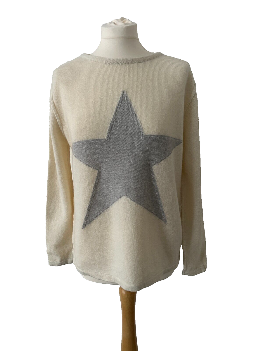 Bamford Women Cream Grey Star Geelong Wool Cashmere Jumper Sweater M/L UK  10 12