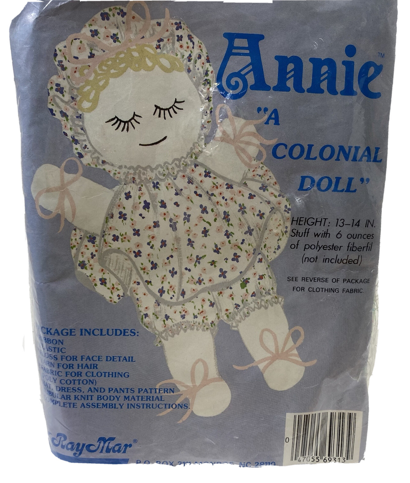 Colonial Doll Kit Annie Sample RayMar Sew 13-14&rdquo; Baby Plush Bonnet Vintage