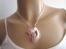 Damen Collier Hals Kette kurz Modekette Modeschmuck Silber Rosa Alu Trend c43