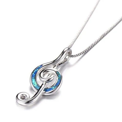 Silver Blue Opal Music Note Necklace Violin Piano G-Clef Treble Clef - Picture 3 of 5
