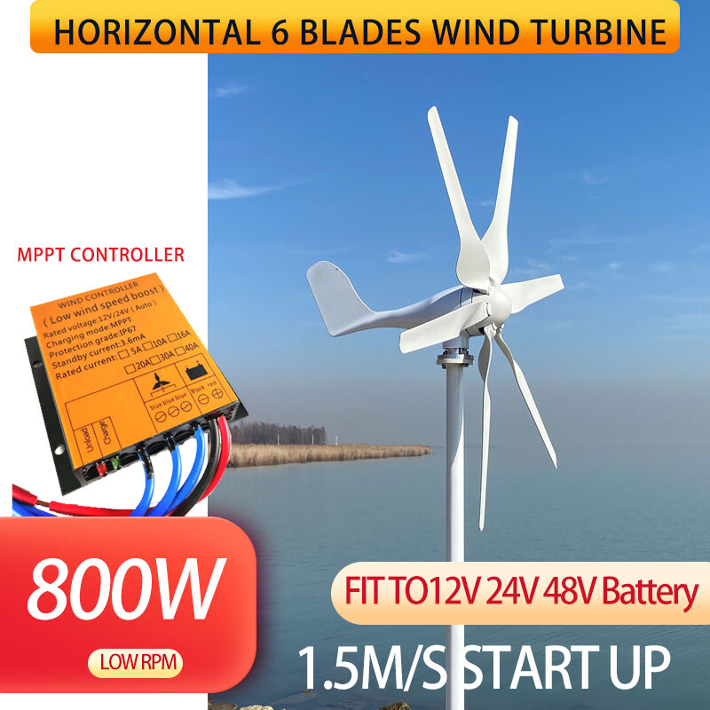 800W Peak 6Blades 12V/24V/48V Horizontal Wind Turbine Generator