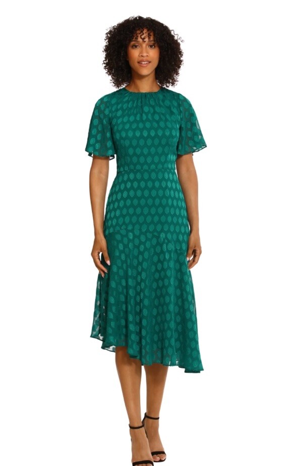 asymmetric neck sheath midi dress maggy london ASYMMETRICAL HEM DRESS WITH WIDE SLEEVES GREEN / Standard / 2