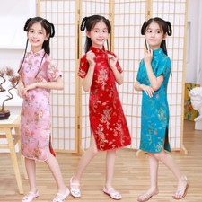 Chinese Traditional Children's Summer One-Piece Dress Children Silk Satin Cheong