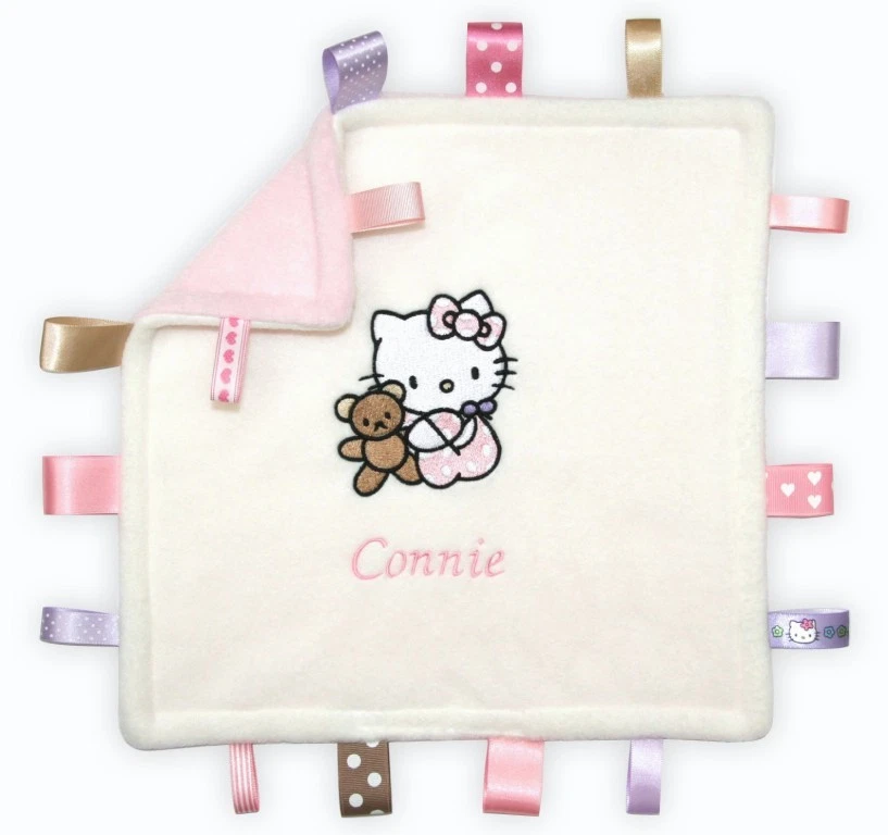 Personalised Hello Kitty Taggy Blanket Comforter Snuggle New Born Baby Gift