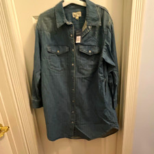 Universal Thread Blue Solid Denim Cotton Point Collar Long Sleeve Button-Up L
