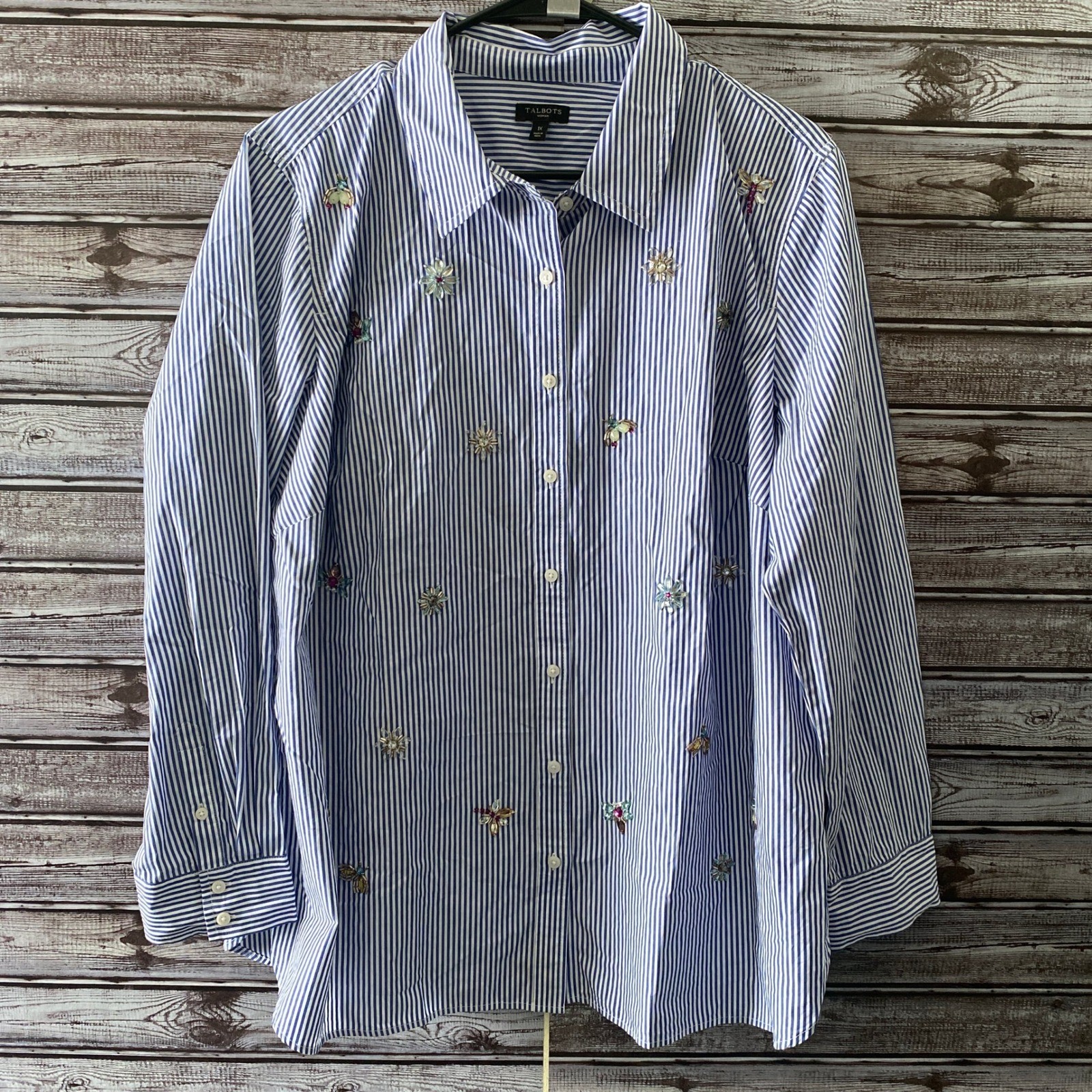 Talbots Women's Long-Sleeved Button-Down Top Size 1X Pin-Striped Embellished