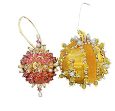 VTG Lot of 2 Handcrafted Push Pin Bead Sequin Satin Ball Christmas Ornaments