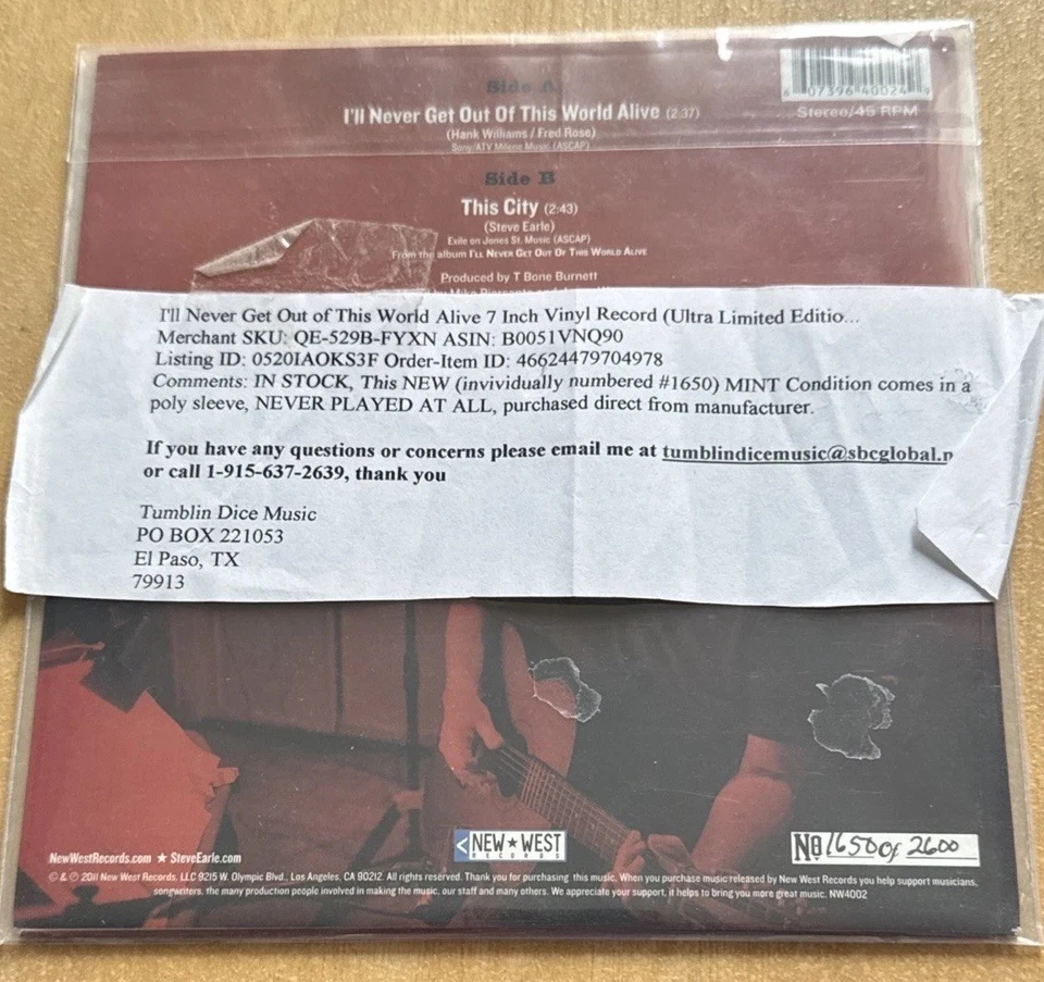 I'll Never Get Out of This World Alive Singly Steve Earle Red 7" vinyl - Image 2 of 4