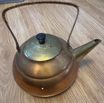 Vintage MCM Copper and Brass Cane Wrapped Handle Teapot Kettle Made In Holland