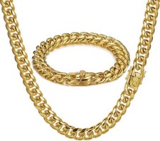 8MM 14k Gold Plated Stainless Steel Miami Cuban Link Bracelet Chain Combo Set