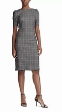 Lauren Ralph Lauren Gray Plaid Sheath Dress Puff Short Sleeve Crew Neck Size 12