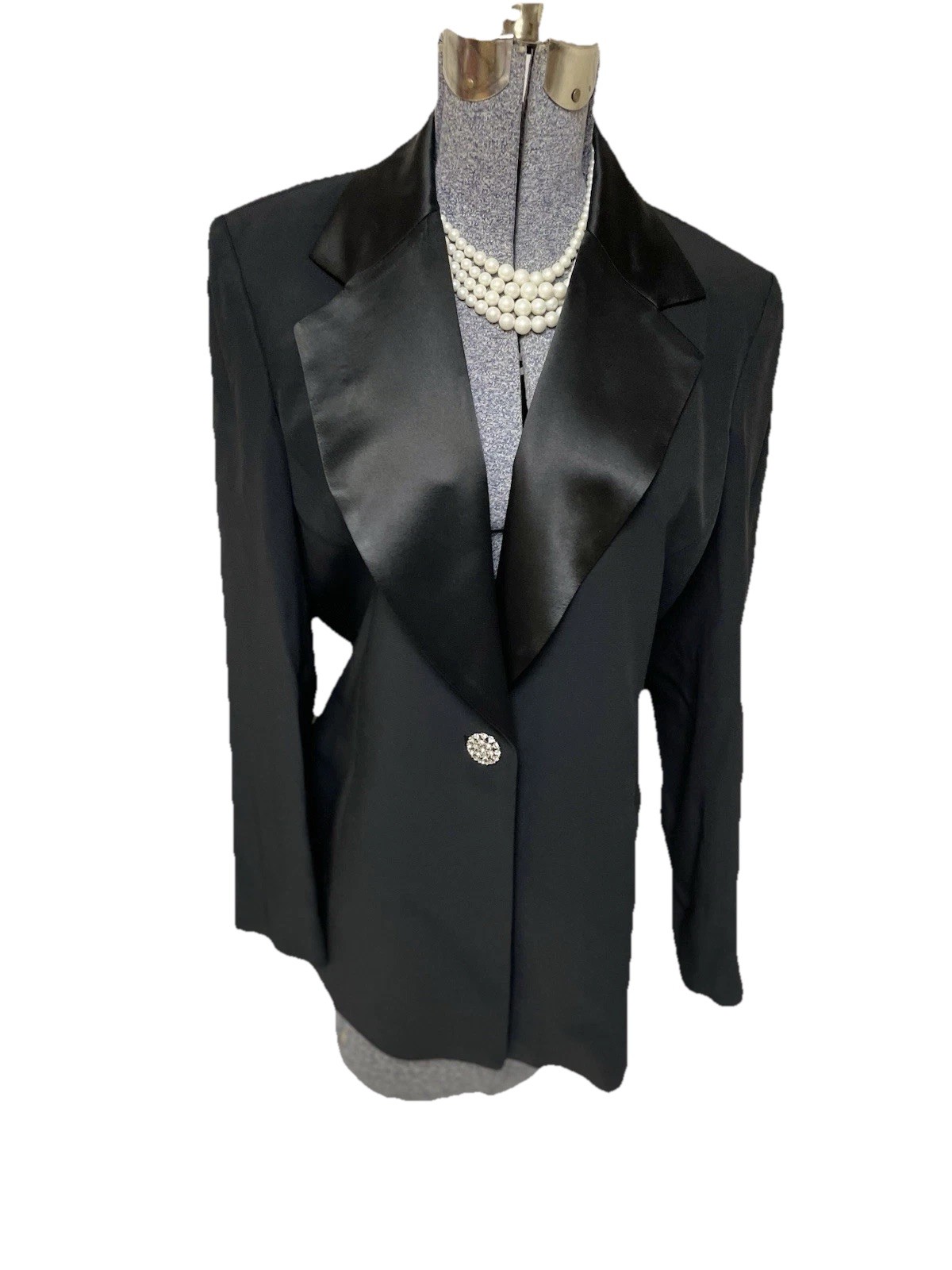 Austin Reed Blazer Size 10 Black Jacket Satin Lapel Rhinestone Closure Pockets