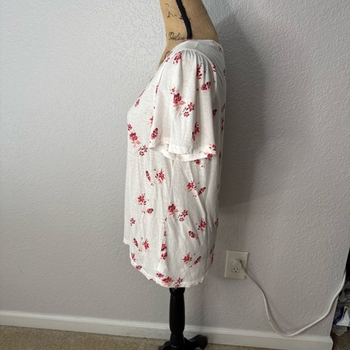 T-shirt Lucky Brand bianca rossa floreale scollo a scoop manica svasata misto cotone taglia M - Foto 7 di 8
