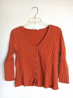 MNG Orange Rib-Knit Lightweight Cardigan Sweater Medium Cropped Lettuce-Trim