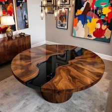 Handcrafted Black Epoxy Resin and Solid Wood Round Dining Table Top Unique