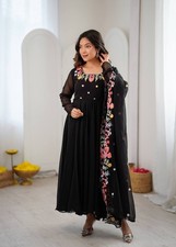 Stylish Look Georgette Black Gown Bottom With Dupatta For Traditional Wear