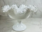 Fenton Silver Crest Milk Glass Ruffled Pedestal Compote Candy Dish Bowl Vintage