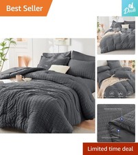 Queen 7-Piece Seersucker Comforter Set - Luxury All-Season Bedding in Dark Grey