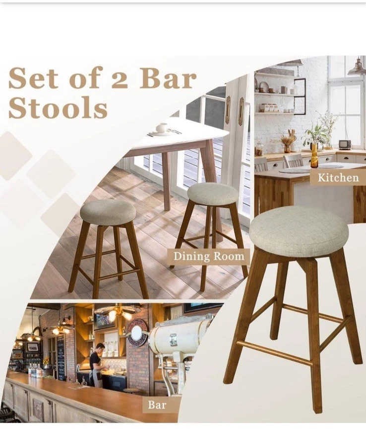 26" Swivel Bar Stool Set of 2 Upholstered Counter Height Rubber Wood Frame Beige - Image 2 of 4