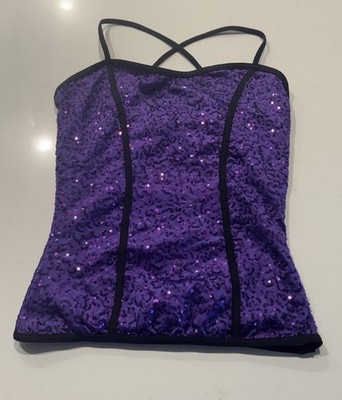 Balera Purple Sequin Tank Top Size Small Adult SA Black Trim Dance Salsa Sparkle