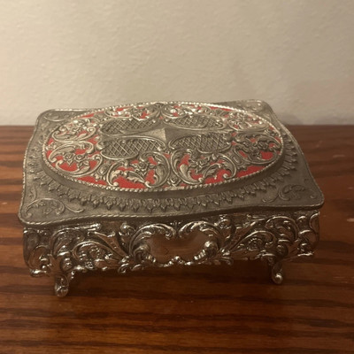 Vintage Footed Silver Plate Victorian Dresser Trinket Box Red Velvet Lining