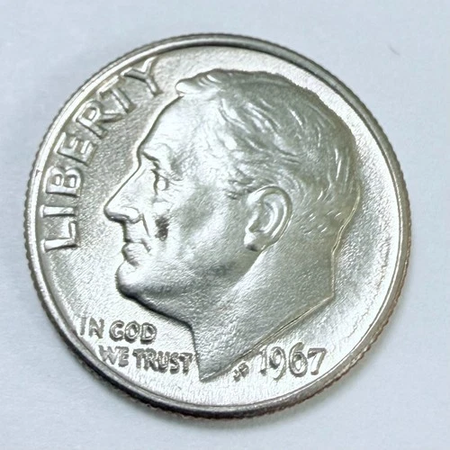 1967 SMS Roosevelt Dimer 10c US Coin, AU ABOUT UNCIRCULATED  #6994