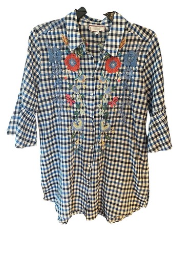 Túnica Johnny Was Talla S Azul Taryn Floral Bordado Mangas Volantes Cuello Botón