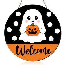Halloween Ghost Door Sign, Halloween Cute Ghost Welcome Front Door Hanger, Pu...