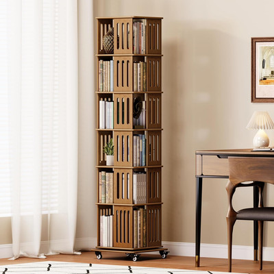 Walnut 5-Tier Rotating Bookshelf on Wheels - Stylish Space Saver
