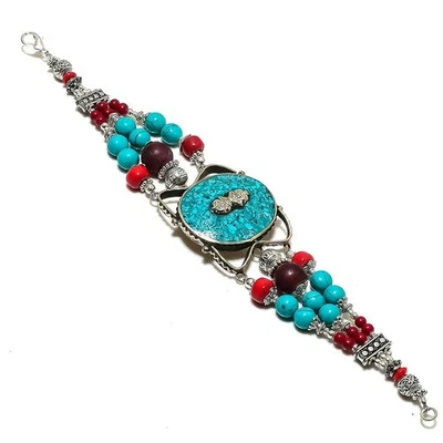 Bracelet corail rouge turquoise fait main bijoux vintage tibétains népalais... - Photo 1/4