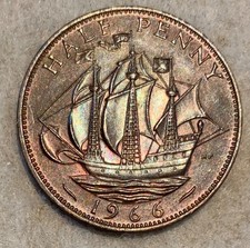 1966 UK British one half penny coin, uncirculated, toned, Queen Elizabeth II
