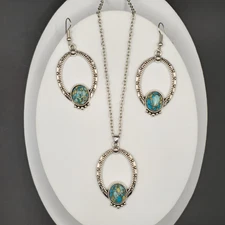 Silver Oval Round Turquoise Yellow Stone Earrings Necklace Jewelry Set Bohemian
