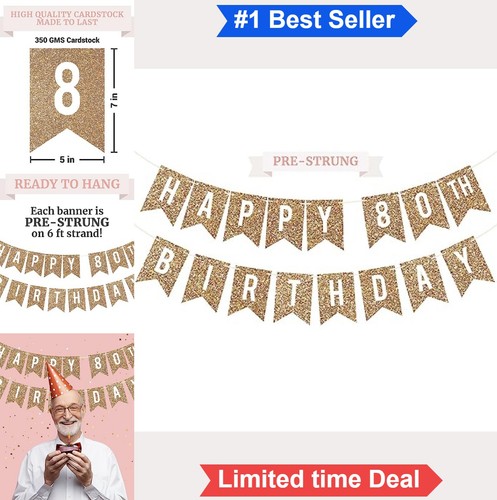 Pre-Strung Happy 80th Birthday Banner Gold Glitter 6 Ft Strands Cardstock