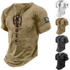 Mens Lace Up Muscle Slim Fit T-Shirt Grandad Short Sleeve Gym Fitness Tee Tops