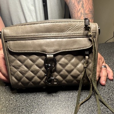 Rebecca Minkoff Shoulder Bag Taupe Quilted Chain Strap Studded Zip Clasp