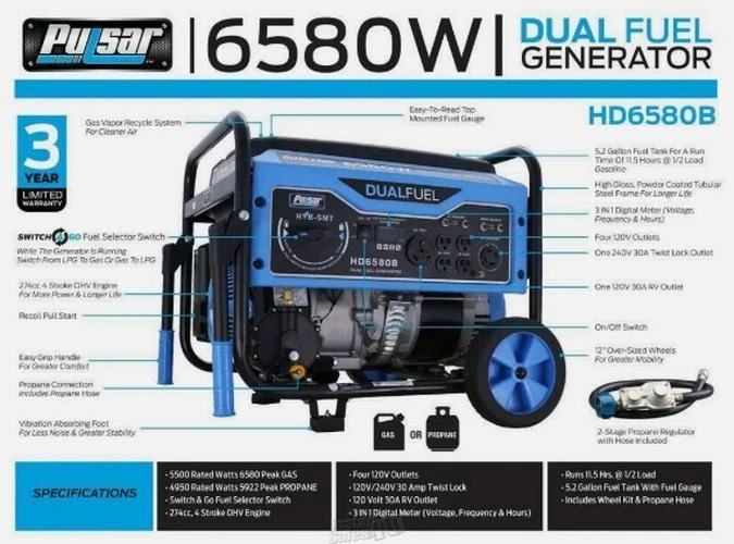 Pulsar 6580W Portátil RV Listo Doble Combustible Gas Generador Rueda Kit HD6580B Foto 3 de 4
