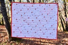 Baby blanket quilt handmade white bunny print reverses to red cotton blend New