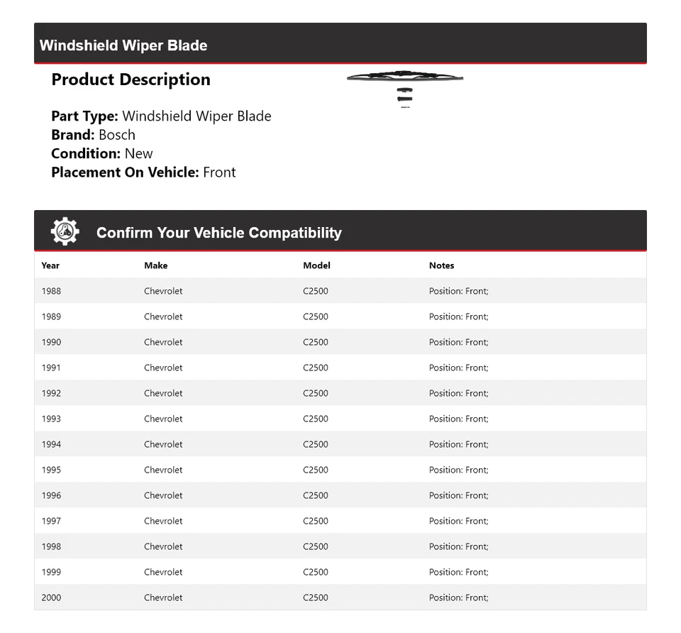 Limpiaparabrisas delantero conexión directa para Chevrolet C2500 Bosch 1988-2000 Foto 2 de 4
