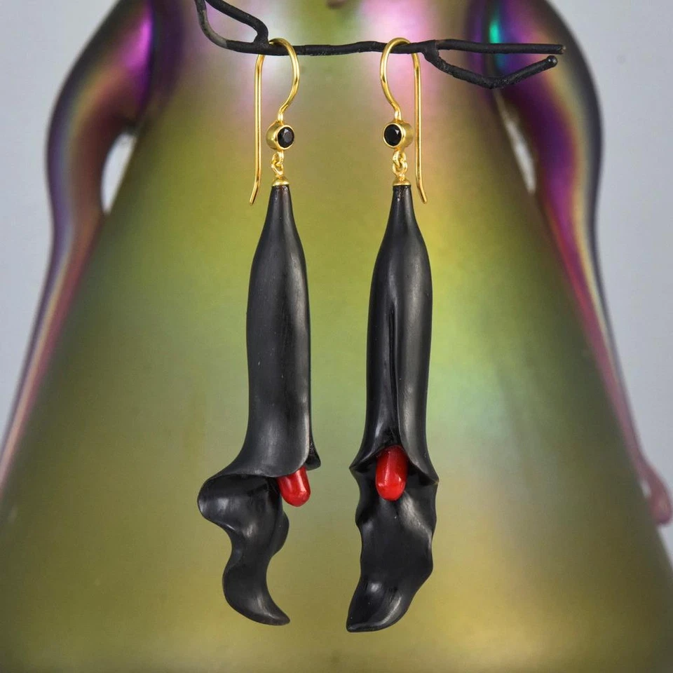 Flower Earrings Black Horn Red Coral Spinel Gold Vermeil Sterling Silver 8.07g - Image 3 of 4