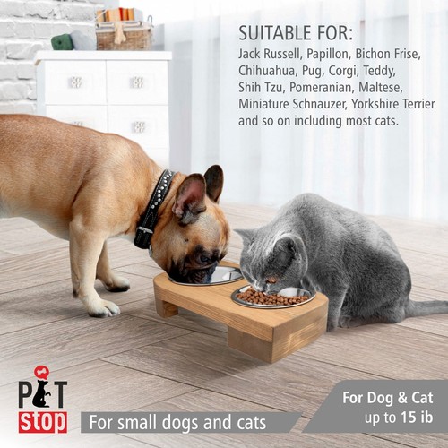 Pet Food Water Bowls for Dogs Cats Puppies Pine Wood Holder 2 Stainless Steel - Picture 2 of 7