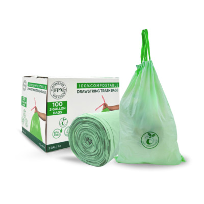 FPN Trash Bags 3 Gallon 100% Compostable Garbage Bag with Drawstring Pack of 100