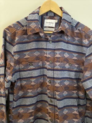 Goodfellow Mens Midweight Flannel Shirt S Blue Rust Gold Stripe Button Pockets