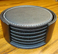 Set 6 Drink Coasters Black Faux Leather w/Holder Bar Beverage Dining Decor T11