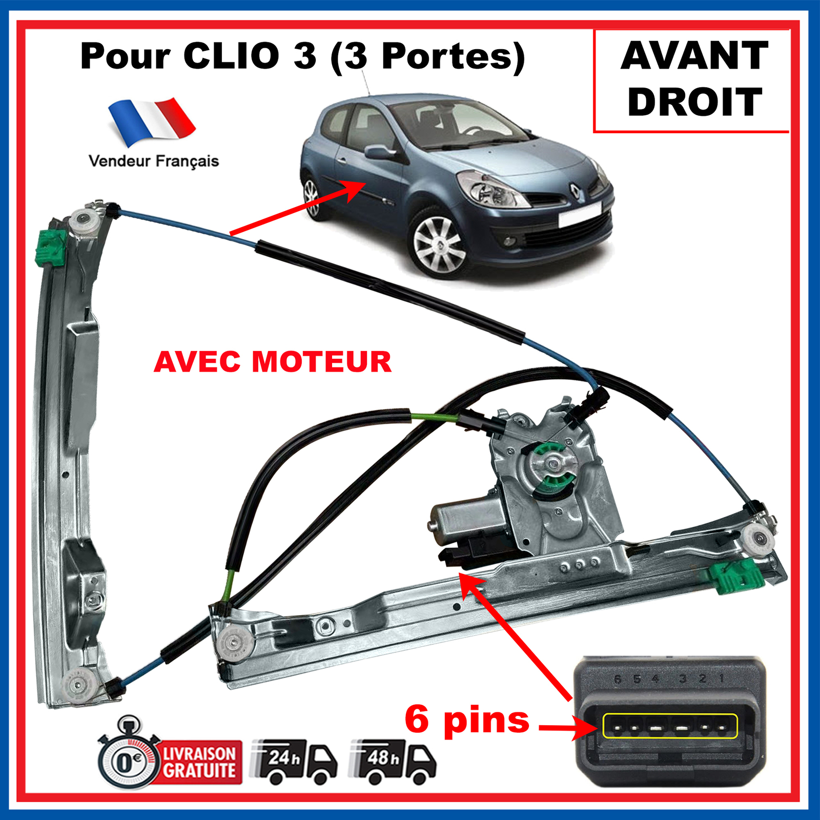 Moteur lève-vitre avant droit Clio 3 mécanisme électrique 8200826165