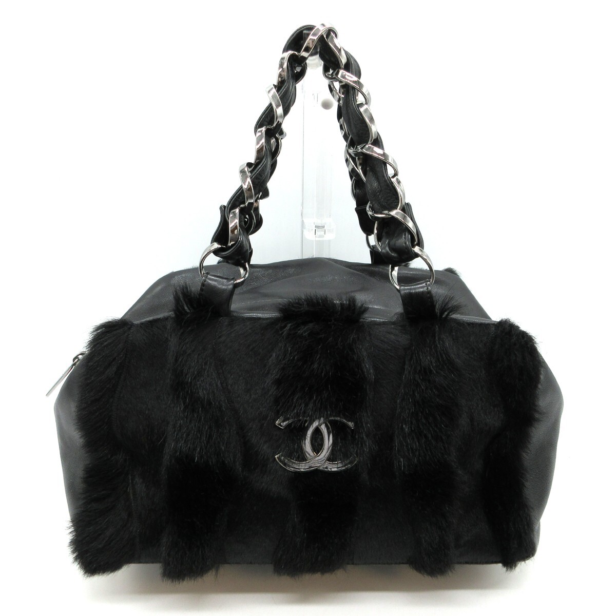 CHANEL CC Logo Fur Boston Hand Bag Leather Black SHW Made In Italy