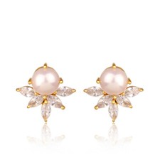 Gorgeous 18K Yellow Gold Plated Prong Set Pearl Inlay Zircon Stud Earrings