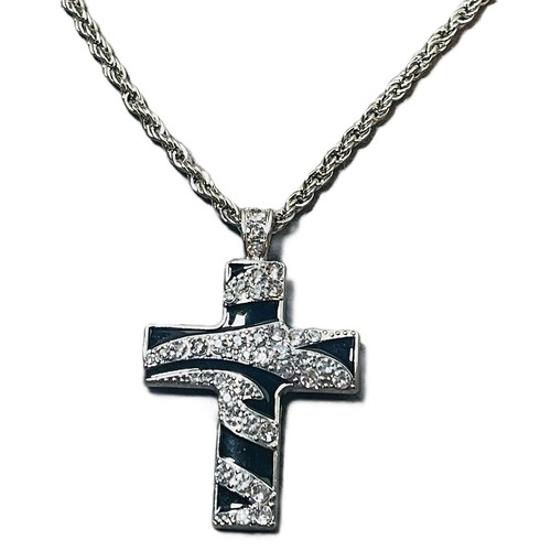 Collar Colgante Estrás Cruz Negro Esmalte 17" Tono Plata Cuerda Cadena De Colección - Imagen 2 de 14