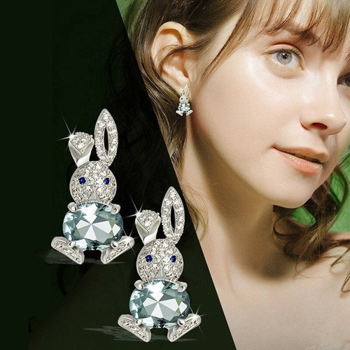 Silver Bunny Earrings Easter Bunny w/ Crystal Egg Sunday Jewelry, Cute Rabbit - Picture 5 of 6