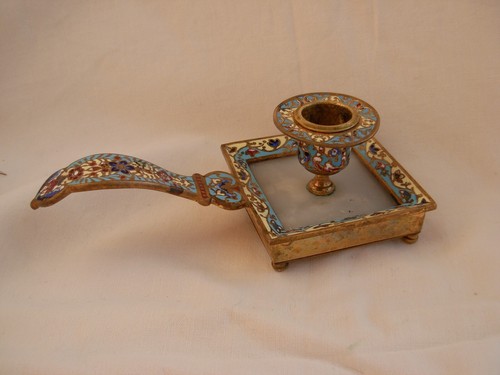 ANTIQUE FRENCH ENAMELED GILT BRONZE,WHITE ONYX CANDLE HOLDER,LATE 19th CENTURY - Picture 3 of 12