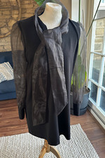 Zara Woman Little Black Shift Mini Dress Sheer Voile Sleeves & Neck Tie Sz M